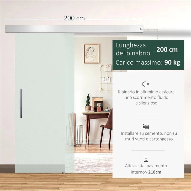 PORTA SCORREVOLE INTERNA IN VETRO SMERIGLIATO CON BINARIO B1 E MANIGLIA PER BAGNO CUCINA STUDIO VETRO 205X 77,5X 0,8CM