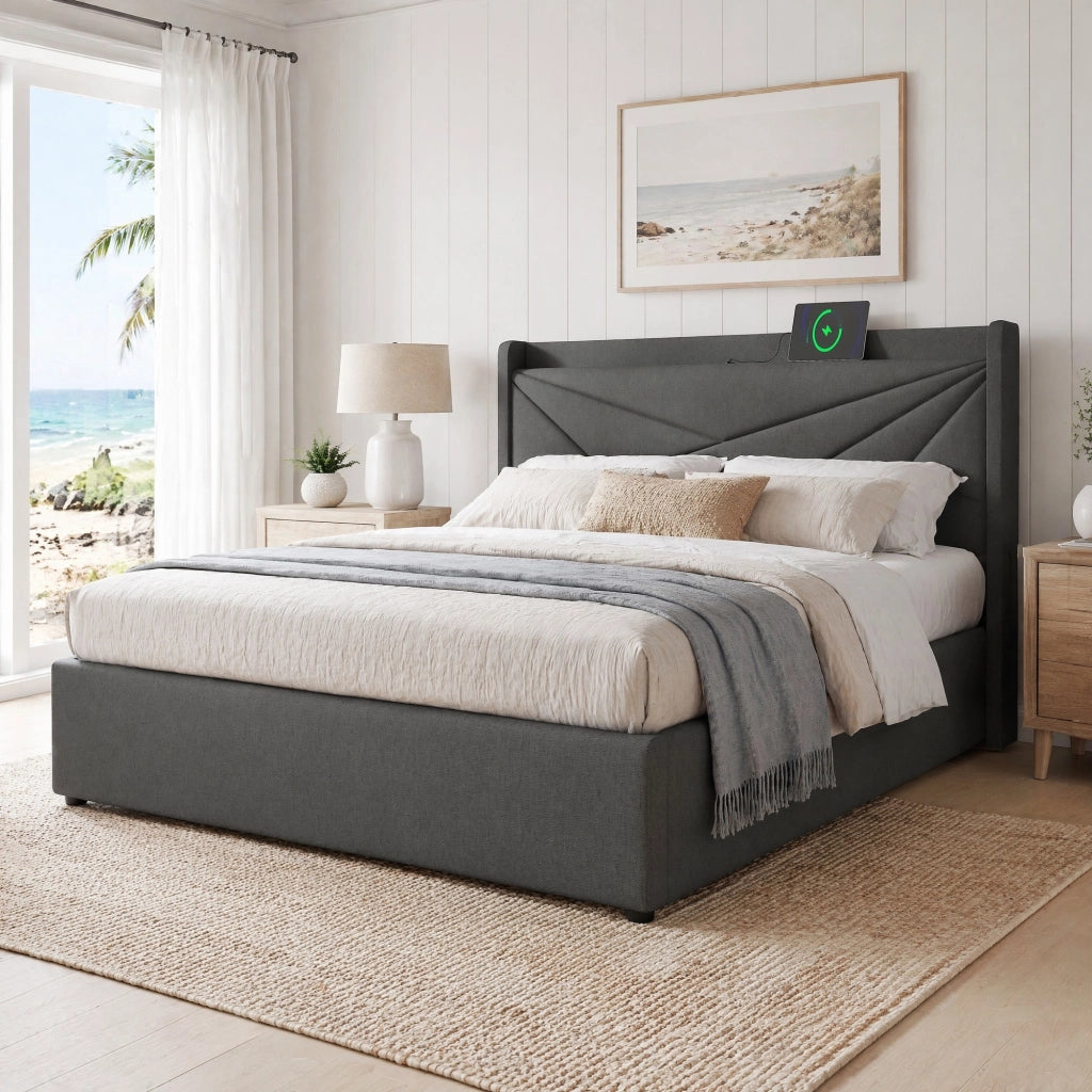 Letto matrimoniale 180x200 cm con contenitore; testiera con USB e Type-C; grigio in cotone e lino