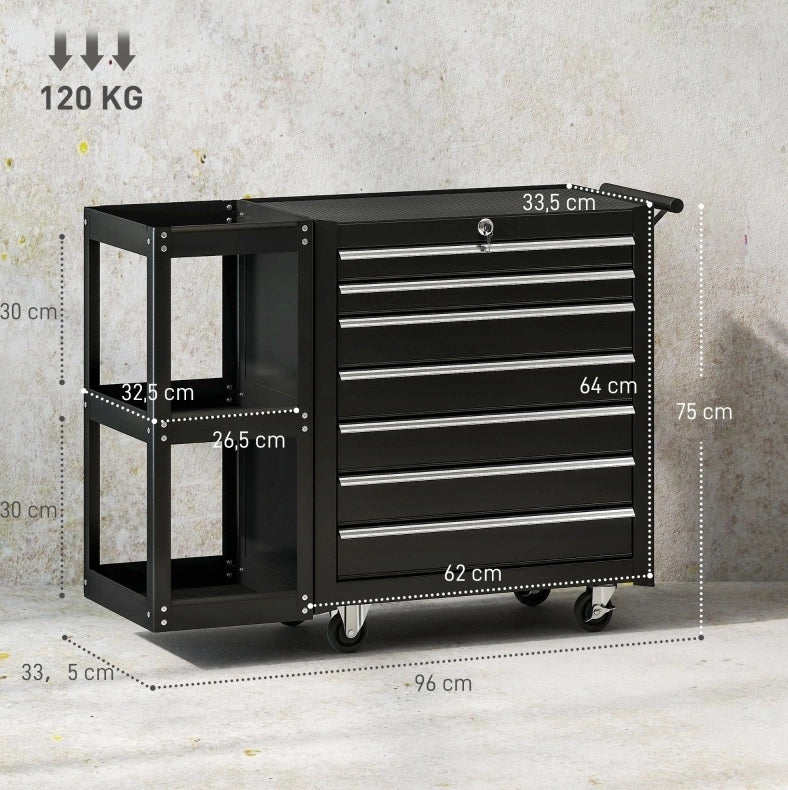 Carrello portautensili nero con 7 cassetti e ripiano removibile