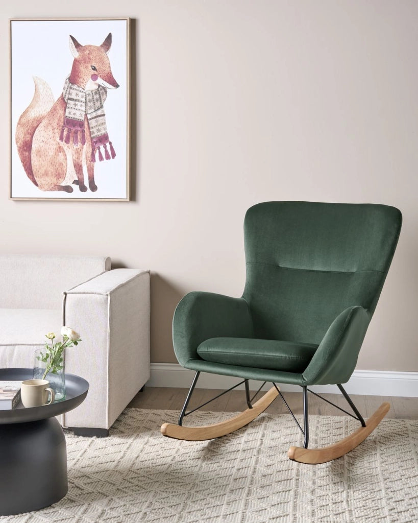 Sedia A Dondolo Velluto Verde Scuro Gambe In Metallo Pattini In Legno Moderni