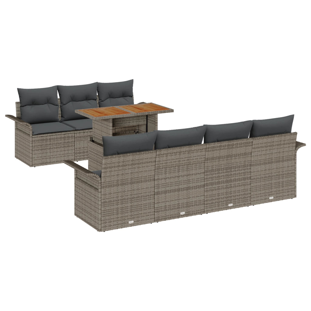 Set da Giardino 8 Pezzi con Cuscini Grigio in Rattan Sintetico e Acacia