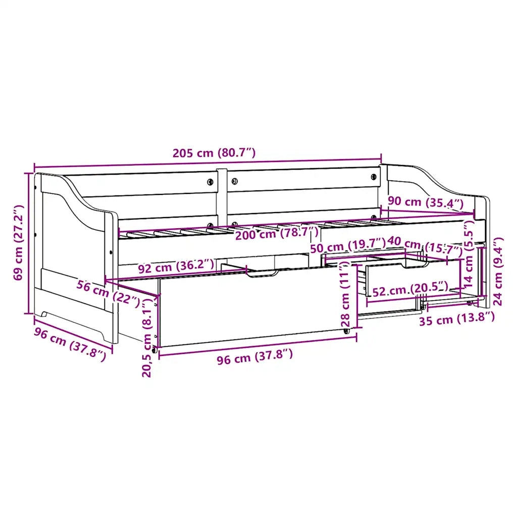 Letto singolo | Letto per adulti | Dormeuse 3 Cassetti senza Materasso Bianco&Rosa 90x200 cm IRUN