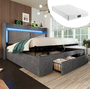Letto matrimoniale 140x200 cm con contenitore idraulico; LED; prese USB e USB-C; grigio in lino; con materasso