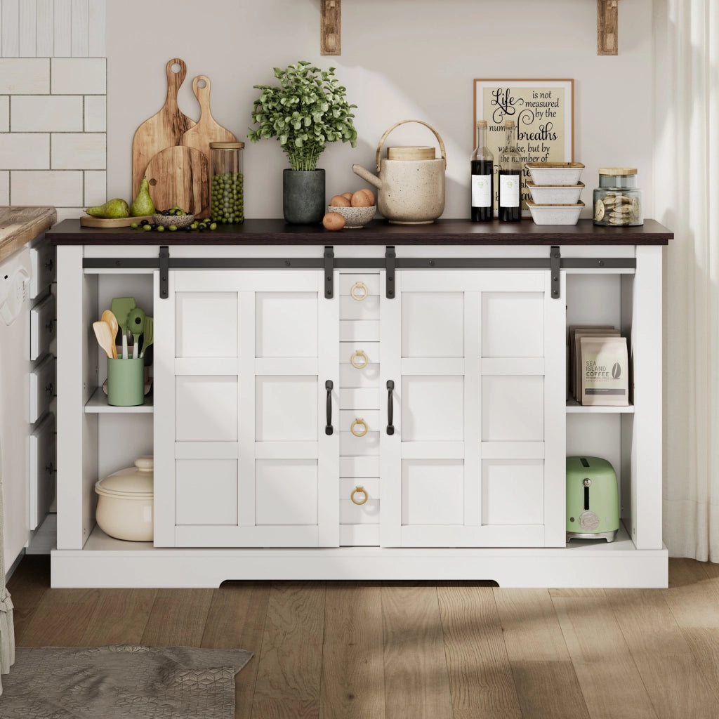 Credenza con 2 ante scorrevoli; 4 cassetti e ripiani regolabili per cucina in MDF bianco 150×40×85 cm