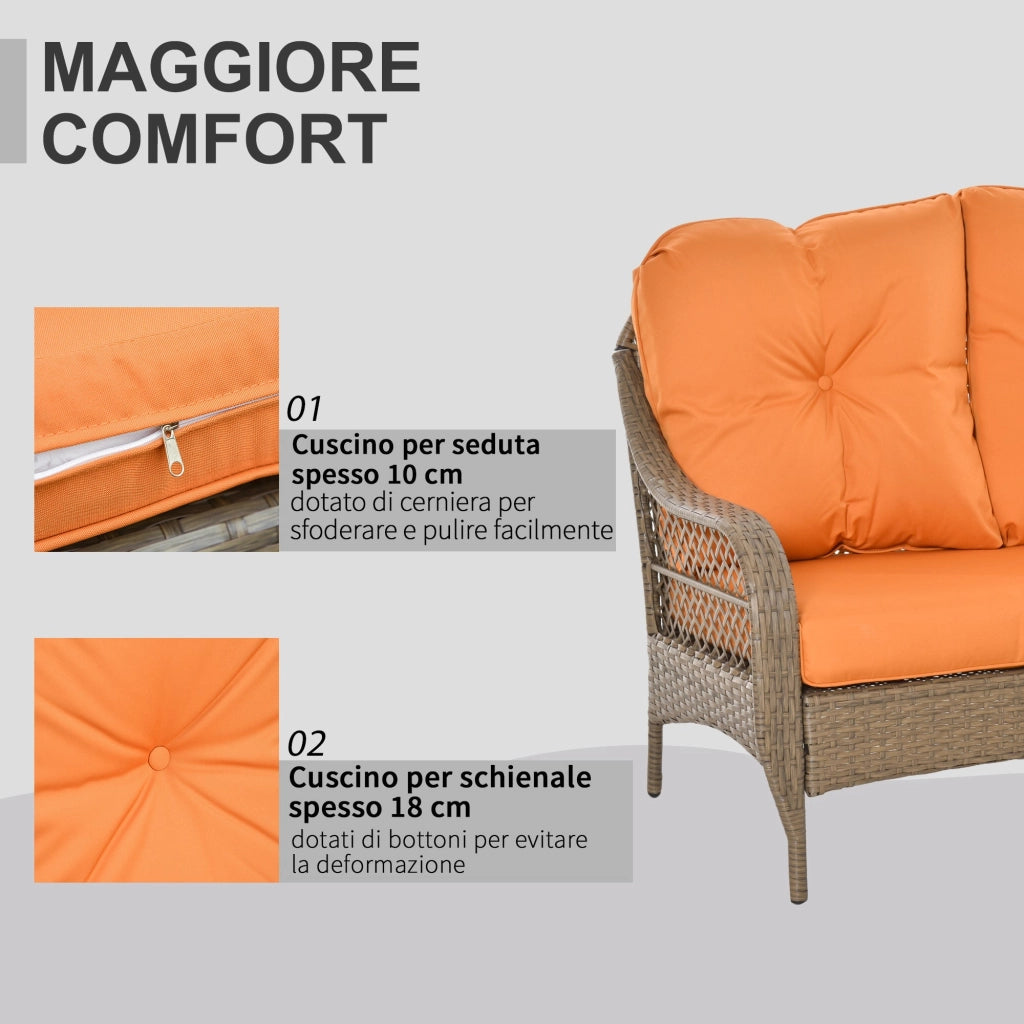Set da Giardino Divano 2 Poltrone  e Tavolino in Rattan con Cuscini Arancione