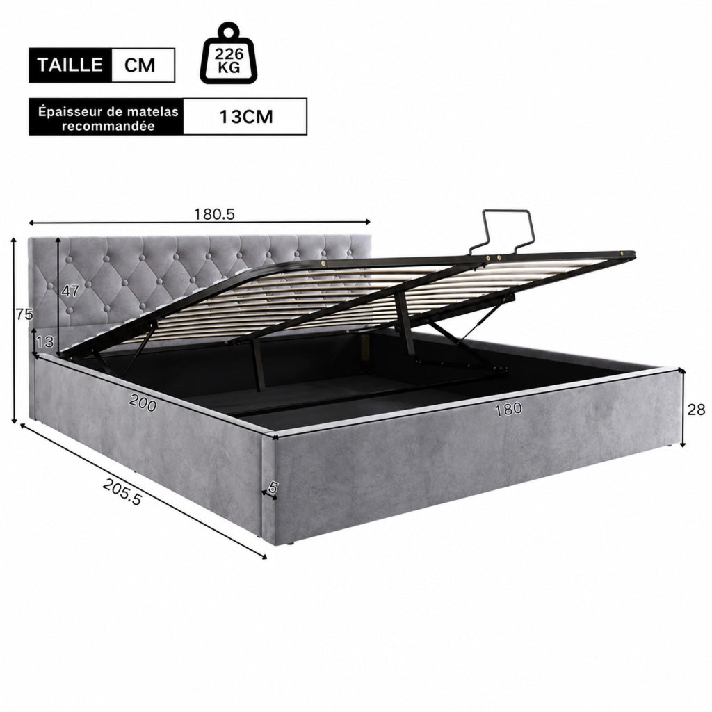 Letto matrimoniale imbottito in velluto grigio 180x200 cm con testiera trapuntata, rete a doghe e contenitore idraulico