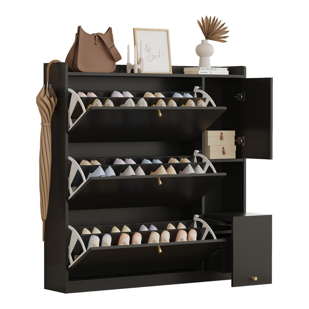Scarpiera con 3 ante a ribalta e cassetto con ripiani regolabili e seduta pieghevole per ingresso nero 119 × 24 × 122 cm
