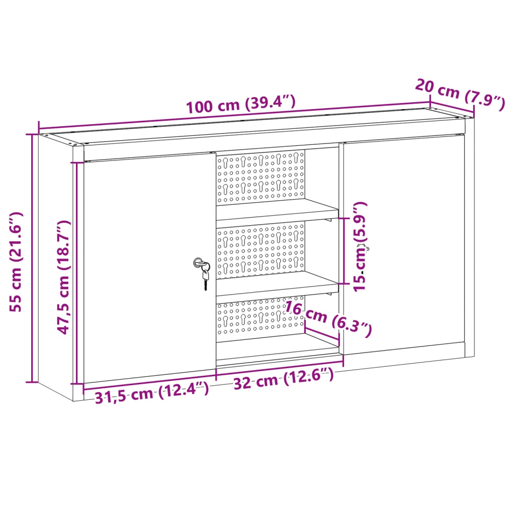 Armadio da Utensili a Muro con Pannello Perforato Rosso 100x20x55 cm in Acciaio