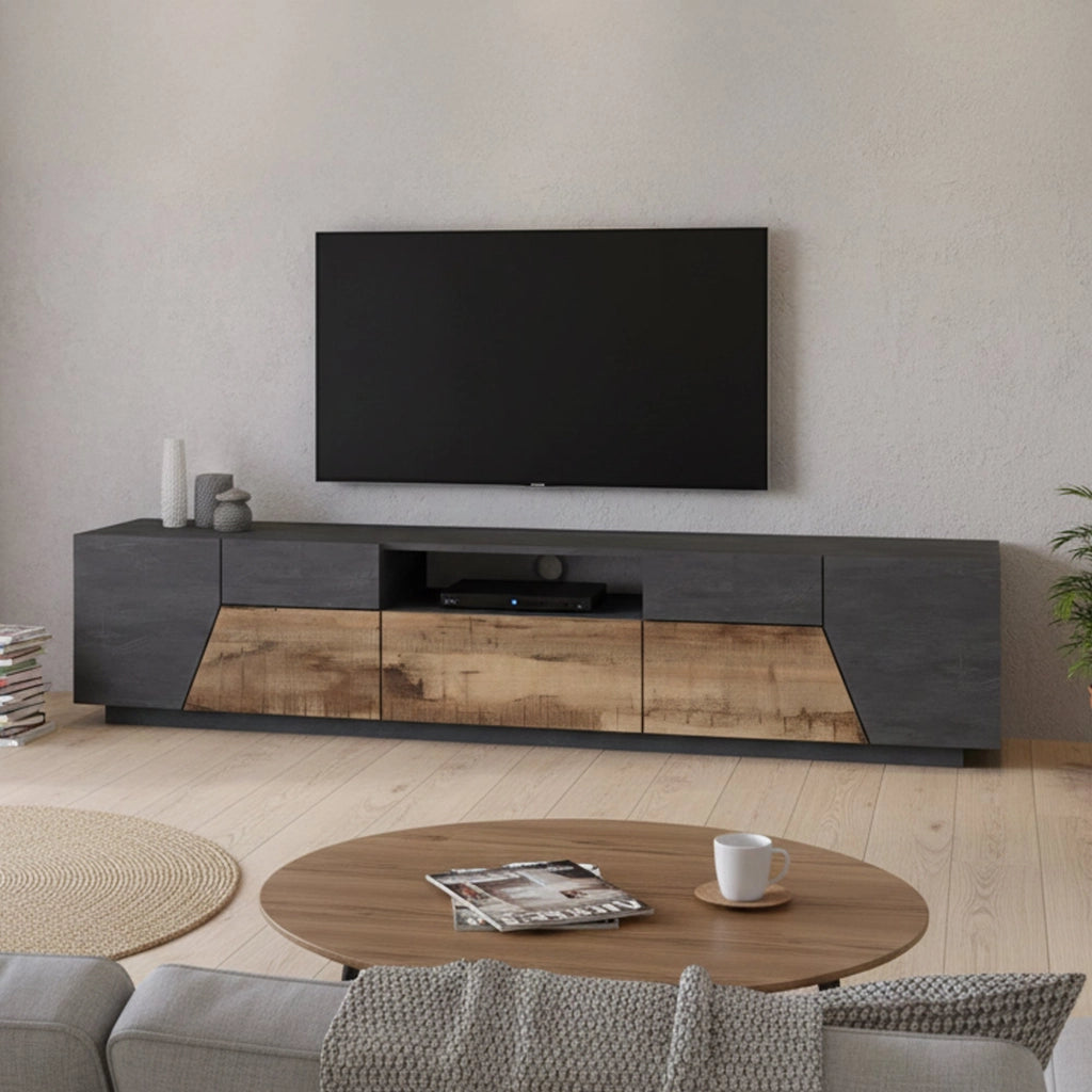Mobile da soggiorno Porta Animai, Made in Italy, Credenza per Animai da salotto a 4 ante geometriche e 1 cassetto, Cm 220x43h46, Ardesia e Acero