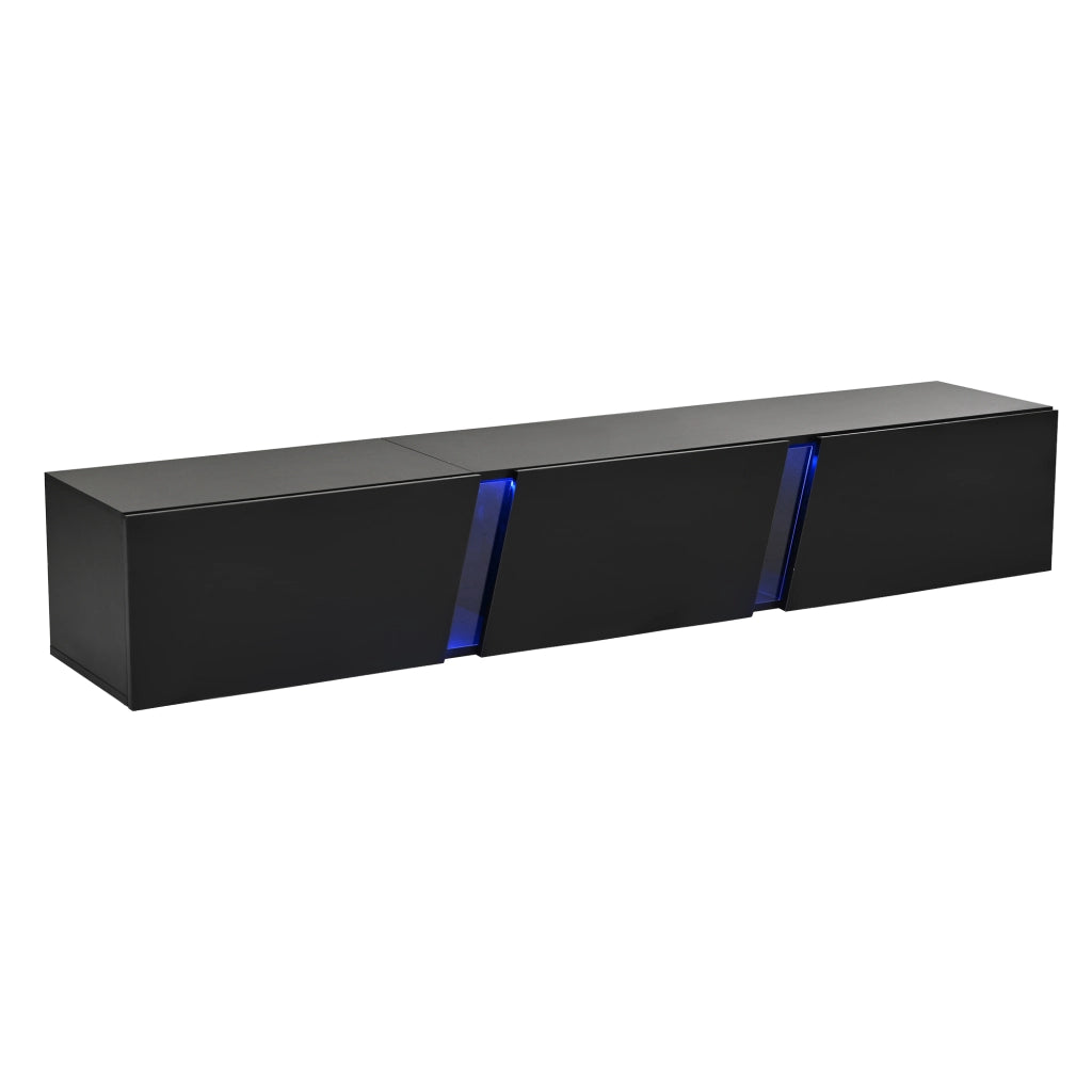 Mobile TV sospeso da parete 180 x 35 x 30 cm, nero lucido, con luci LED controllate da APP, 3 ante abbattibili, per TV fino a 75 pollici