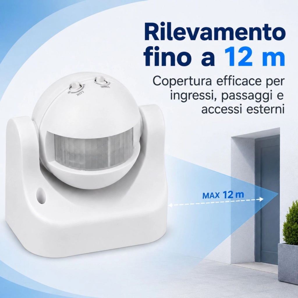 Sensore PIR Movimento Luce Crepuscolare Timer Rilevamento Presenza Infrarossi 220V Massimo 1200W IP44 Esterno Da Muro Orientabile 180 Gradi SKU-4967