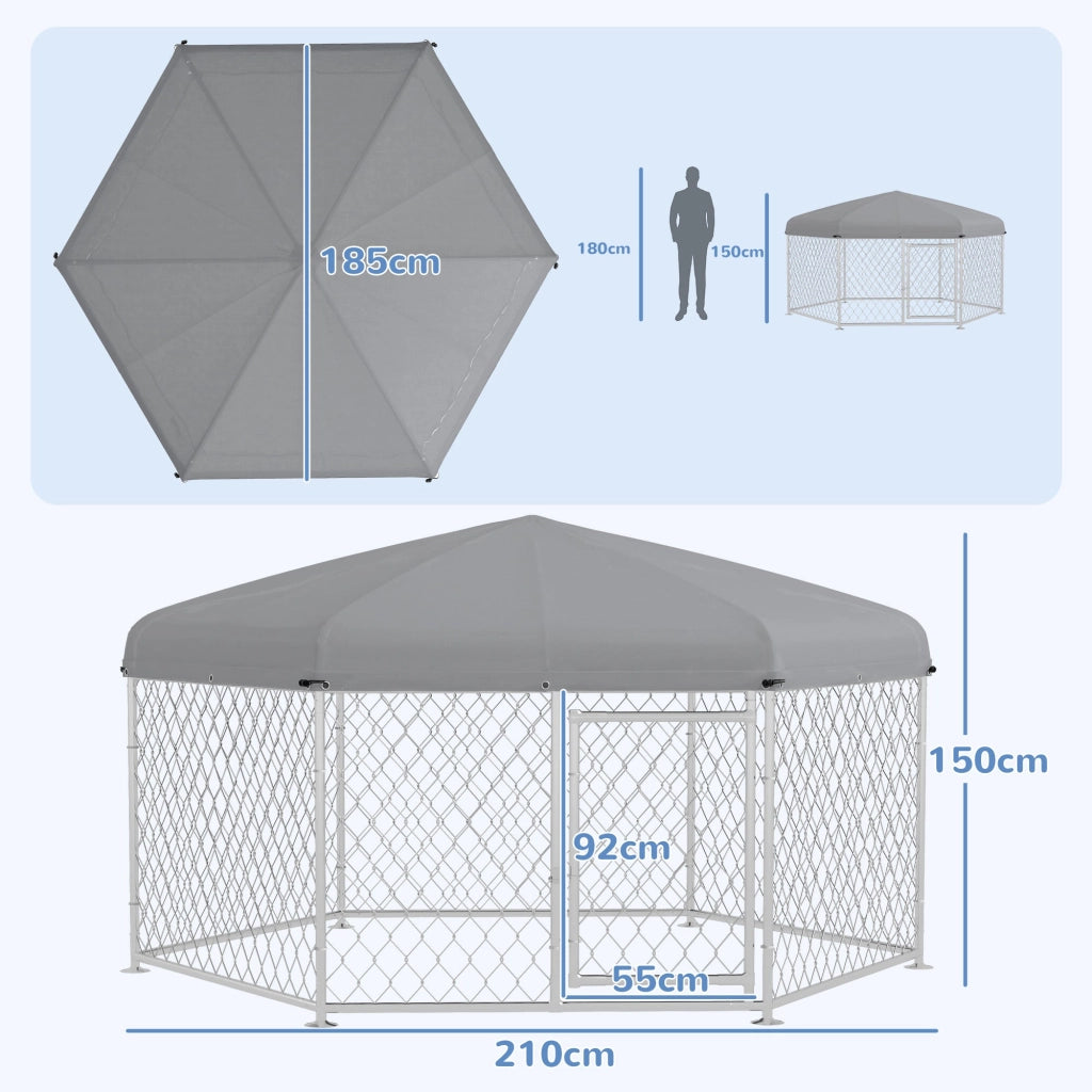 Recinto per Cani Taglia Grande 2,1x1,85x1,5m Tetto in Tessuto Oxford Anti UV Argento e Grigio