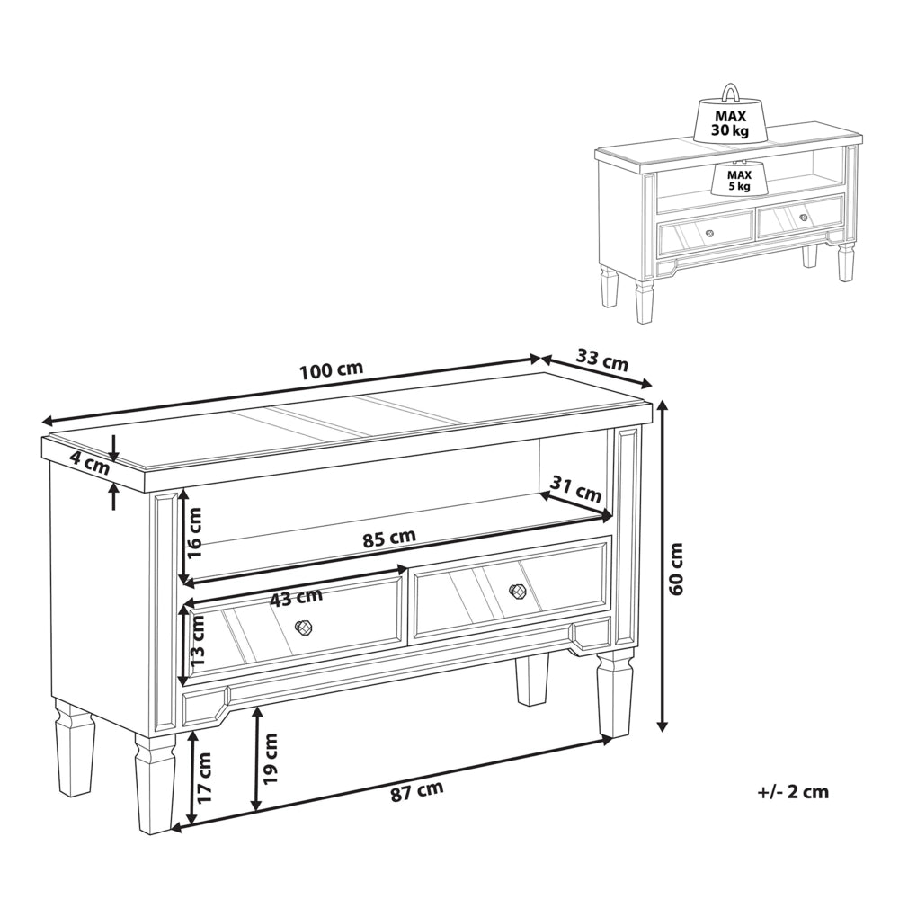 Madia credenza a Specchio argento con Cassettiera a 2 Cassetti con Pomelli in Cristallo