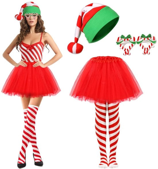 Costume di Natale 5 pezzi - Tutu di Natale a fiori rossi - Cappello di Natale - Occhiali da cioccolato - Calze a strisce - Dimensione universale - Abito da carnevale