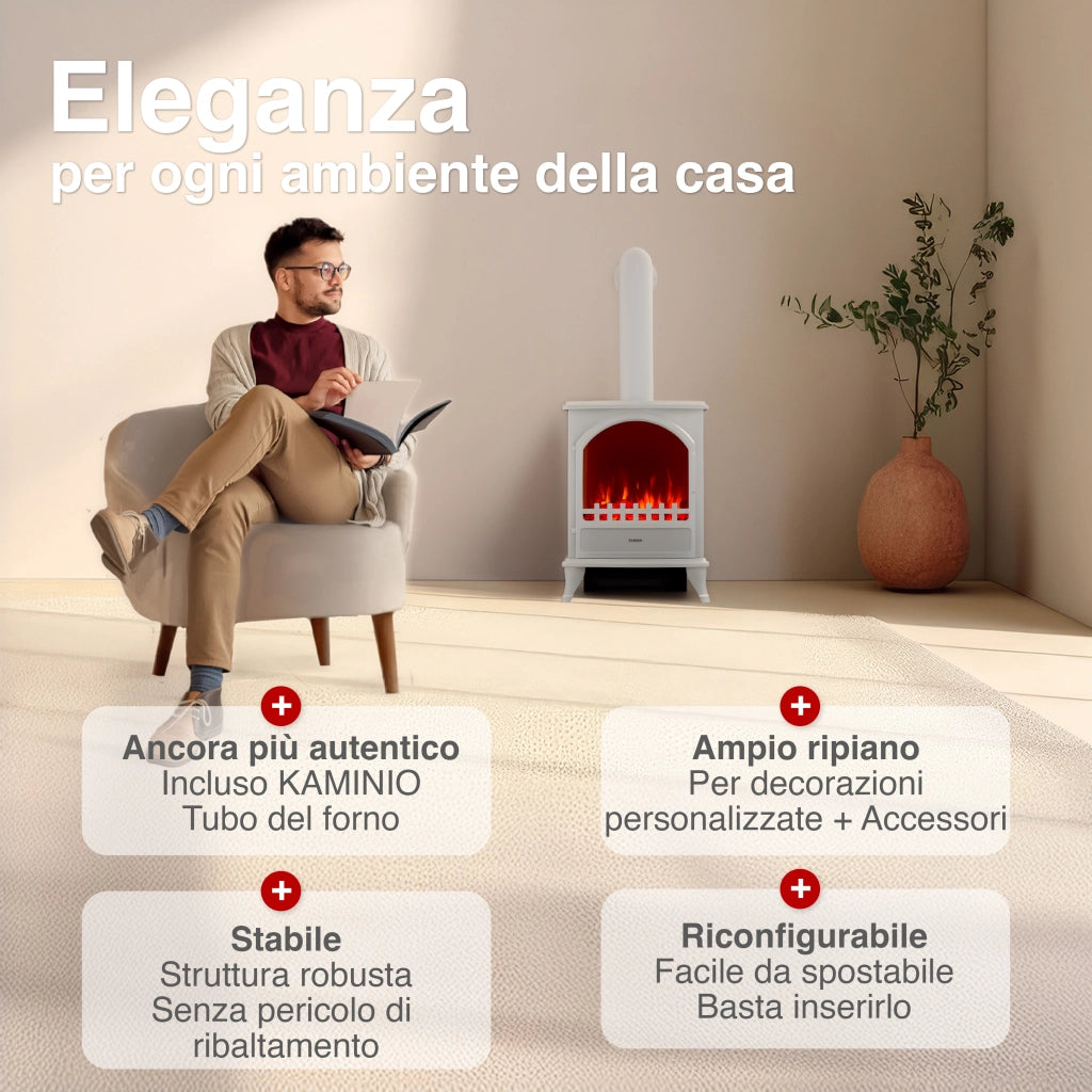 KAMINIO Camino elettrico LENI con tubo di scarico - Camino elettrico con riscaldamento, effetto fiamma 3D - Bianco