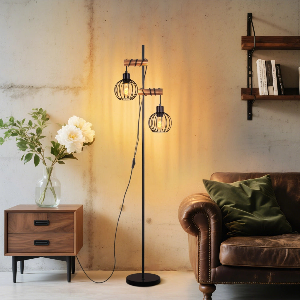 ZMH Lampada da terra nera 2 luci E27 metallo industriale vintage 151cm senza lampadina