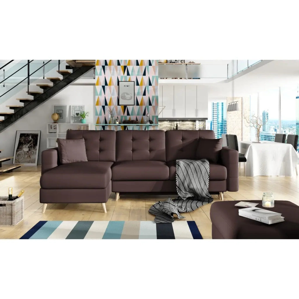 Divano ad angolo trasformabile HASGARD 3 posti marrone 248x162 cm – con contenitore e piedi in legno
