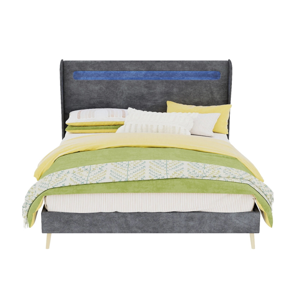 Letto basso 140x200 cm con testiera regolabile e LED multicolore; tessuto e metallo; grigio