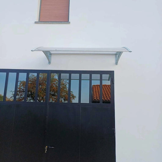 Arcadia - Pensilina da esterno per porte e finestre in PP e policarbonato 120x80 cm, bianca con vetro trasparente