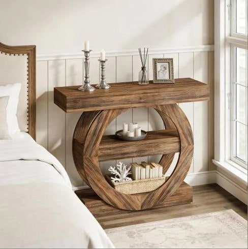 Tavolo consolle rustico 105x30x85 cm con 3 ripiani aperti; legno marrone rustico