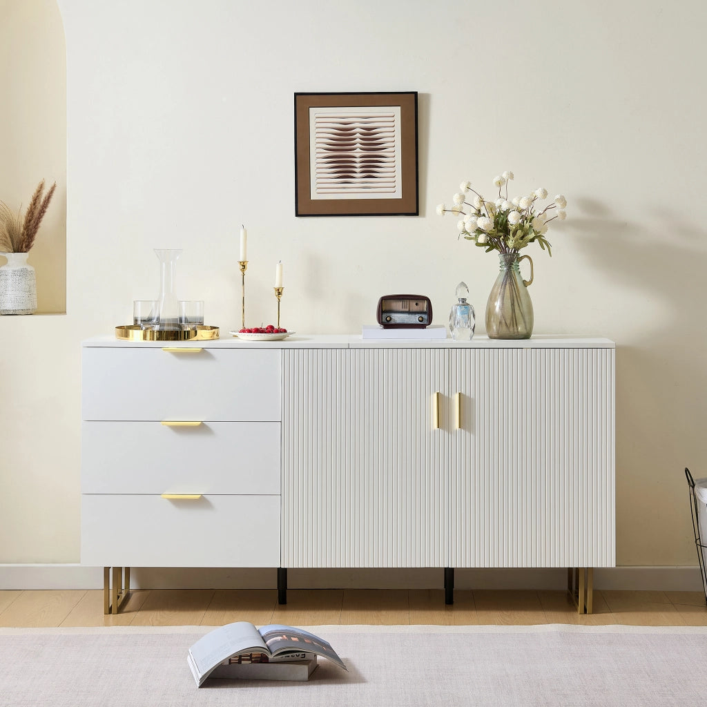 Credenza 160x40x81.5 cm con 3 cassetti e 2 ante in MDF bianco
