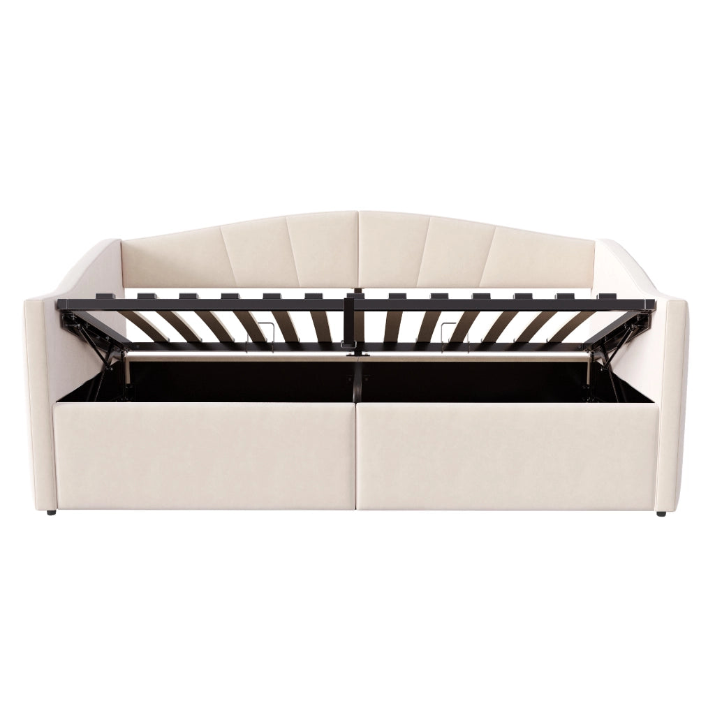 Sofà letto imbottito 90x200 cm con contenitore idraulico; rete a doghe e braccioli; beige