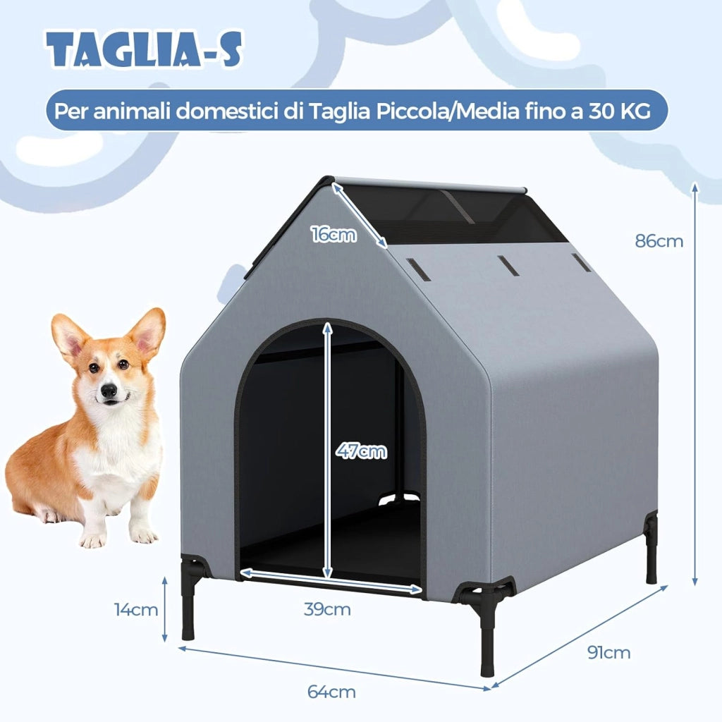 Casetta per Cani, Letto Rialzato per Cani con Copertura Rimovibile ed Impermeabile e Finestre Ventilate, Cuccia Cane Esterno ed Interno Taglia Piccola/Media/Grande (64 x 91 x 86 cm)