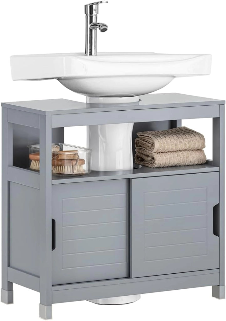 Mobile Bagno Sottolavabo Salvaspazio - Armadietto con 2 Ante Scorrevoli e Ripiano Aperto - Mobiletto Lavandino Compatto per Bagno Moderno Piccolo - Grigio, 60x30x60cm, FRG128-II-SG