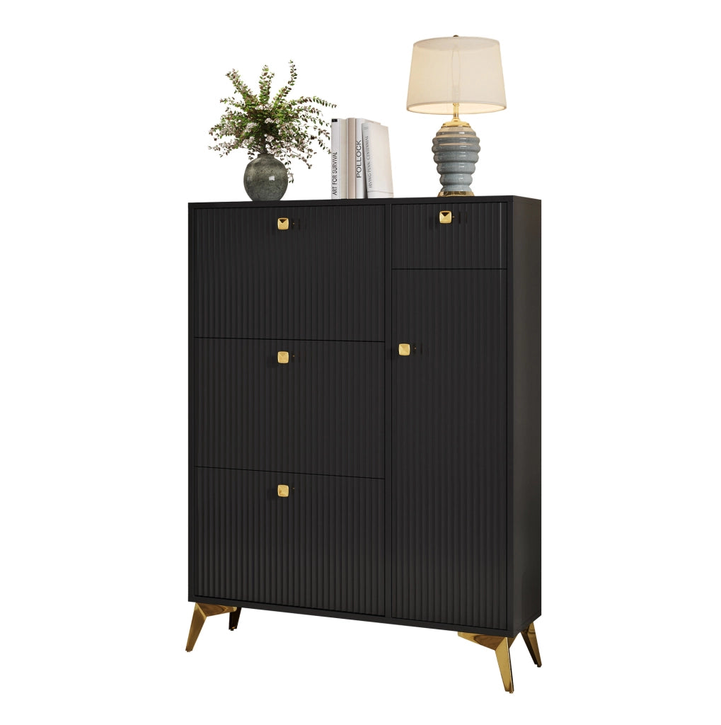 Scarpiera stretta 90x25x121 cm nera in truciolare e MDF con 3 ribalte