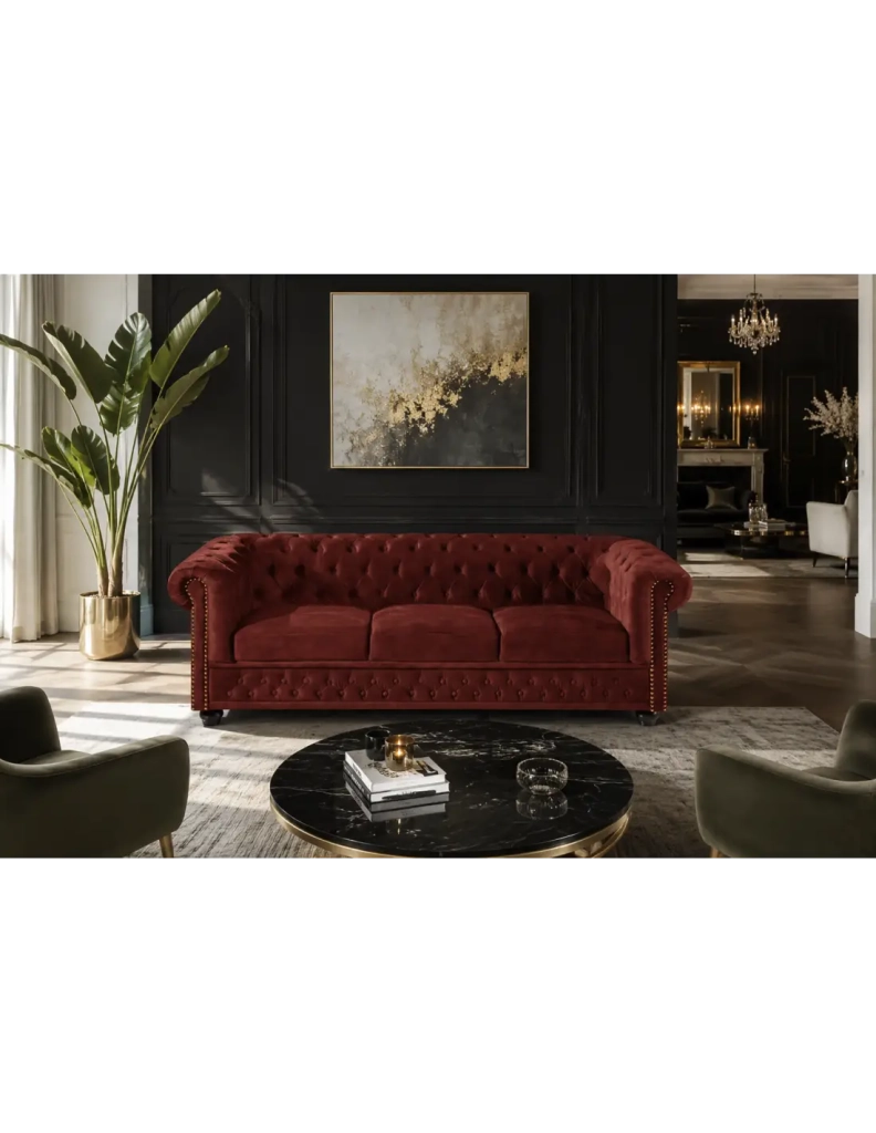 Divano Chesterfield EDGAR diritto 3 posti in velluto capitonnato - Rosso rubino - 205 x 72 x 85 cm