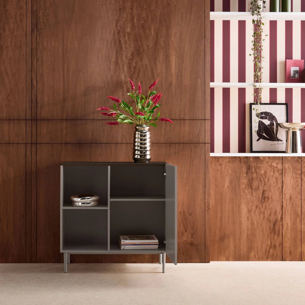 Credenza in metallo e decorazione in legno 1 anta, 80cm, grigio