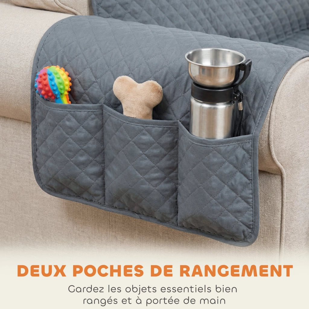 Copridivano 3 Posti Impermeabile Antiscivolo con Tasche ¨C zephmum ¨C Grigio