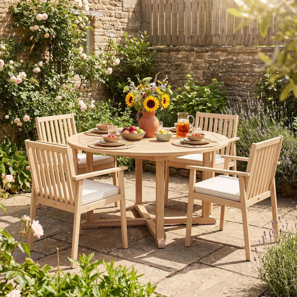 Set di 2 Sedie da Giardino Ergonomiche con Cuscino Rimovibile, Sedie da Pranzo con Braccioli, Poltrona in Legno di Acacia da Terrazza, Balcone, Cortile, Portata 180kg (Naturale)