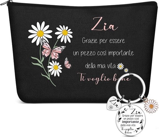 Borsa Cosmetici Piccola - Borsa Cosmetici con Specchio - Chiave Ospite - Regalo per Donna - Compleanno - Nero, 23x15x5 cm - Borsa Cosmetici