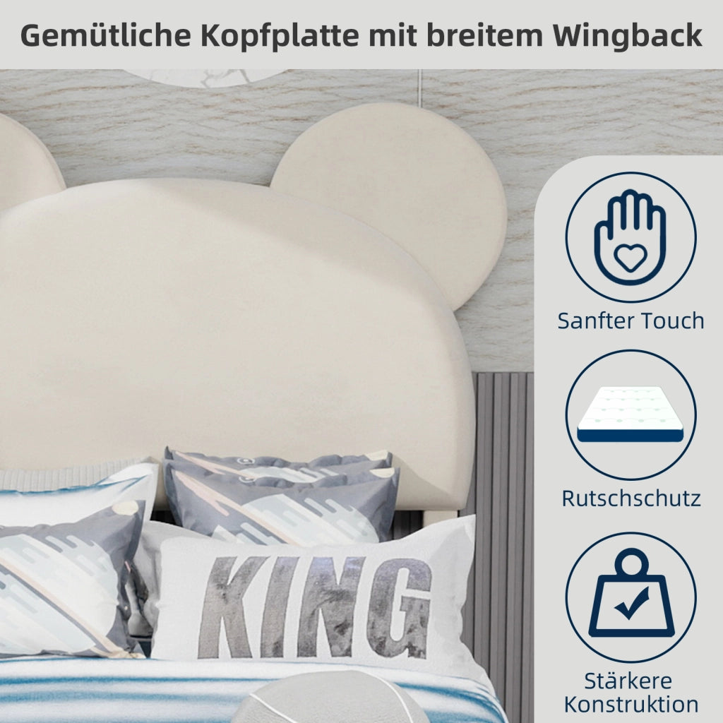 Letto Singolo 90x200 cm; Contenitore; Testiera Sagomata; in Tessuto e Metallo; Beige