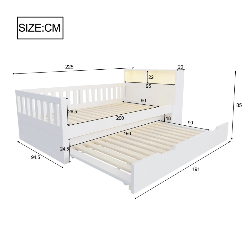 Letto multifunzione in legno 90x200 cm bianco con letto estraibile; LED; prese e vano portaoggetti