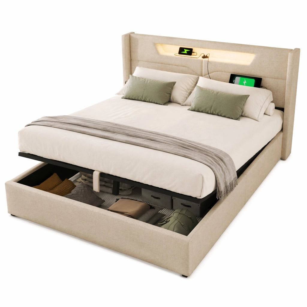 Letto matrimoniale 160x200 cm beige in lino, LED e USB Type C con contenitore