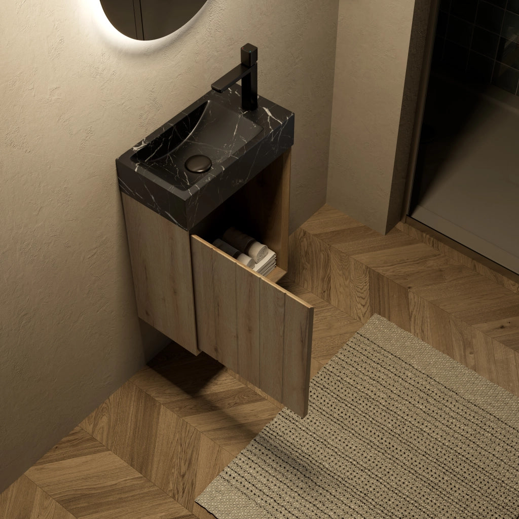 Mobile sottolavabo con lavabo integrato in marmo naturale con 1 anta salvaspazio per bagno nero e rovere bianco