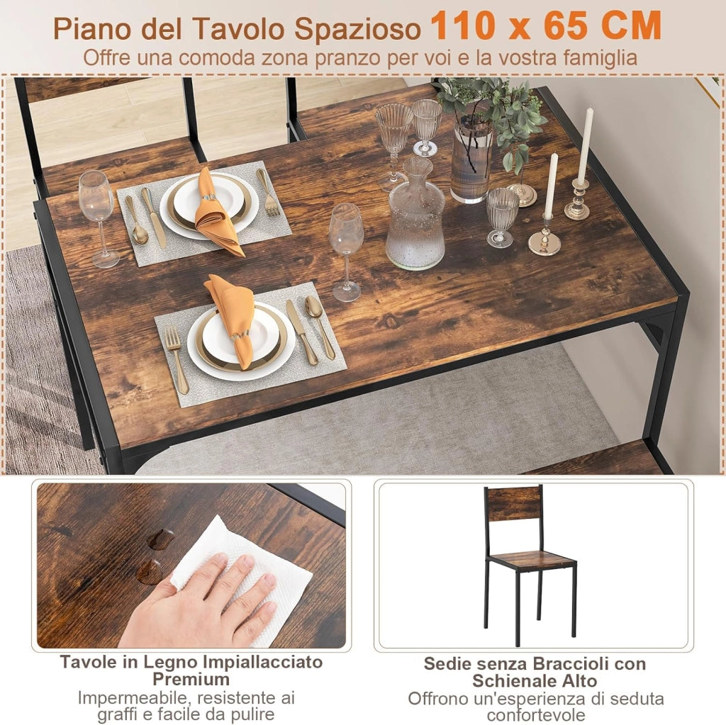 Set da Pranzo 4 Pezzi, Tavolo da Pranzo Industriale con 2 Sedie e Panca, Mobili da Cucina con Telaio in Metallo, Ripiano Portaoggetti(Marrone)