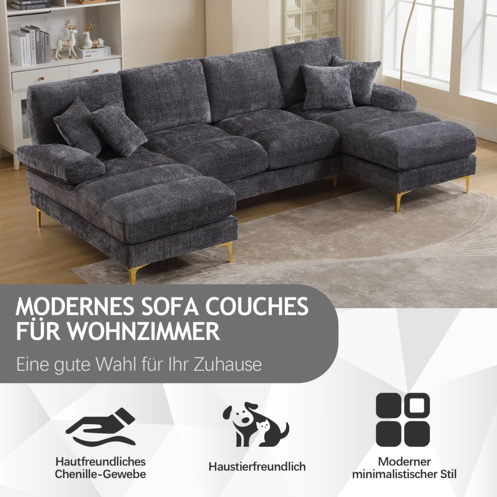 Divano Angolare a U con Doppia Chaise Longue e 6 Cuscini; in Ciniglia Grigio; 272 × 136 × 88 cm