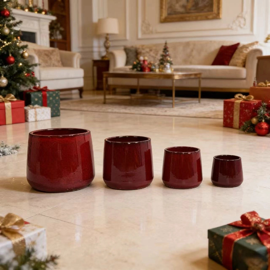 Fioriera a più livelli in ceramica smaltata lucida rossa, set 4 pezzi con foro di drenaggio per interno e giardino