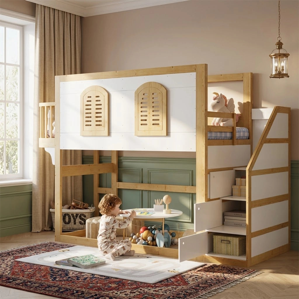 Letto a Soppalco 90 x 200 cm con Scala Contenitore; Area Gioco e Finestra in Legno