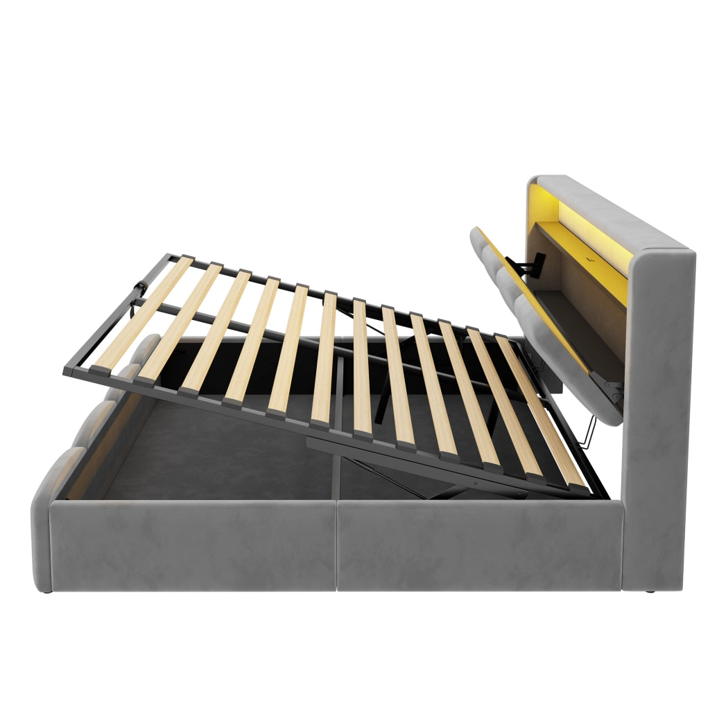 Letto matrimoniale imbottito 140x200 cm in velluto grigio con LED; USB e vano contenitore