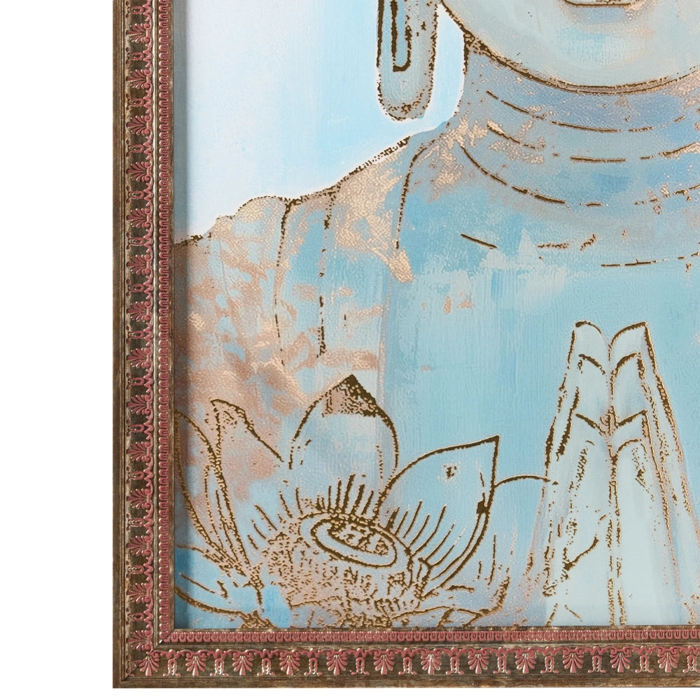Decorazione da parete stampa su tela dorata, Buddha realizzato a mano, materiali sintetici, cornice in legno di pino, soggiorno