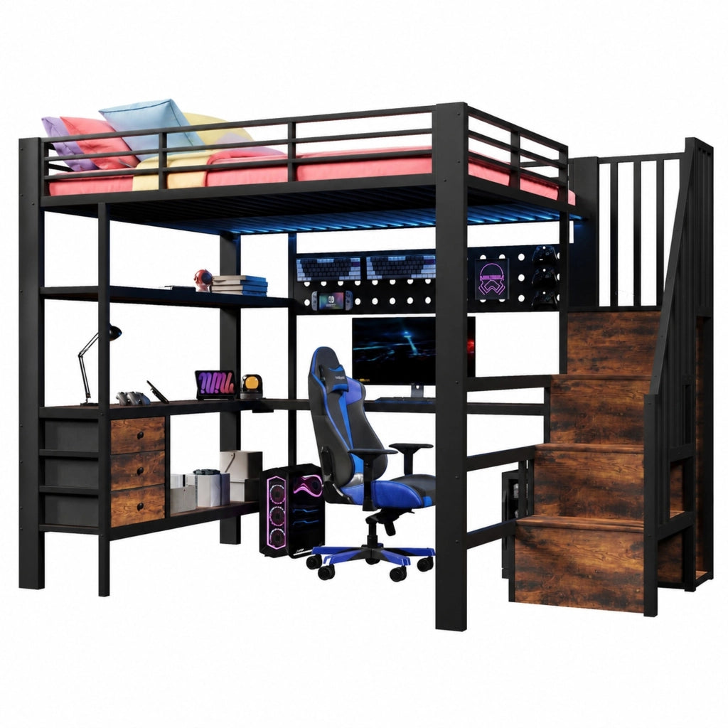 Letto a soppalco 140x200 cm con scrivania; cassetti e LED in MDF e metallo nero