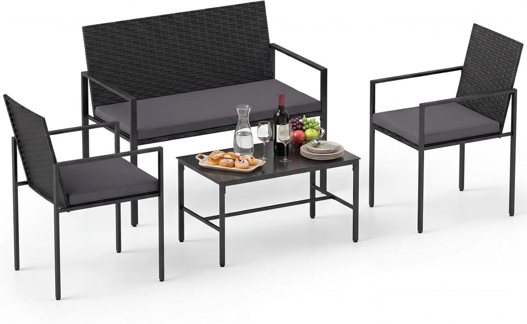 Set di Salotto da Giardino a 4 Pezzi, Poltrone e Divano per Esterno in Rattan con Tavolino da Caffè in Vetro Temperato e Cuscini Morbidi, Set di Conversazione per Cortile e Balcone (Grigio)