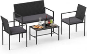 Set di Salotto da Giardino a 4 Pezzi, Poltrone e Divano per Esterno in Rattan con Tavolino da Caffè in Vetro Temperato e Cuscini Morbidi, Set di Conversazione per Cortile e Balcone (Grigio)