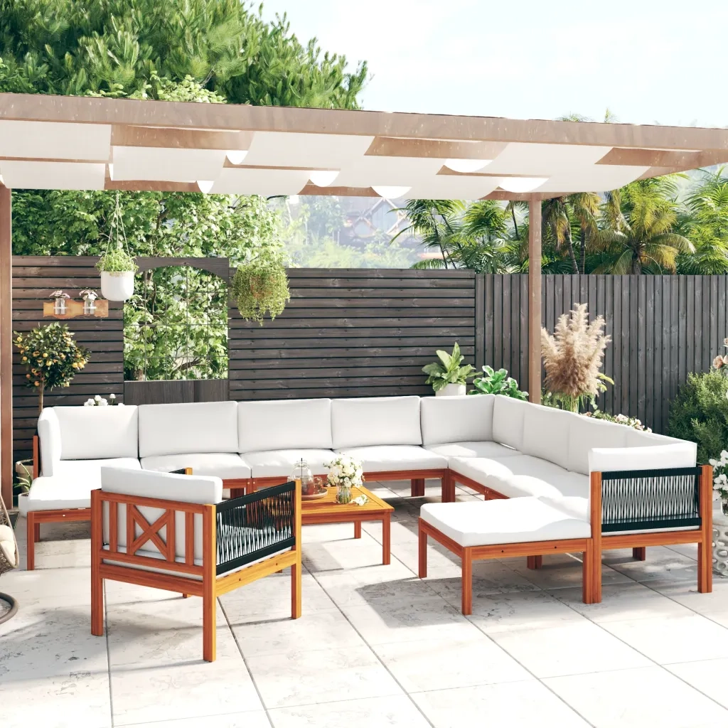 Set da giardino 12 pezzi con cuscini in legno crema, acacia e corda 3057894