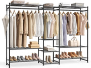 SONGMICS Stand Appendiabiti, Guardaroba Aperto, Armadio con 10 Ripiani, 3 Aste Appendiabiti, 4 Ganci a S, Metallo, per Camera da Letto Soggiorno Ingresso, Nero LGR011BZ01