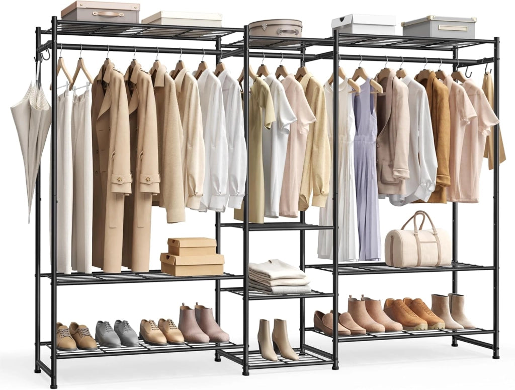 SONGMICS Stand Appendiabiti, Guardaroba Aperto, Armadio con 10 Ripiani, 3 Aste Appendiabiti, 4 Ganci a S, Metallo, per Camera da Letto Soggiorno Ingresso, Nero LGR011BZ01